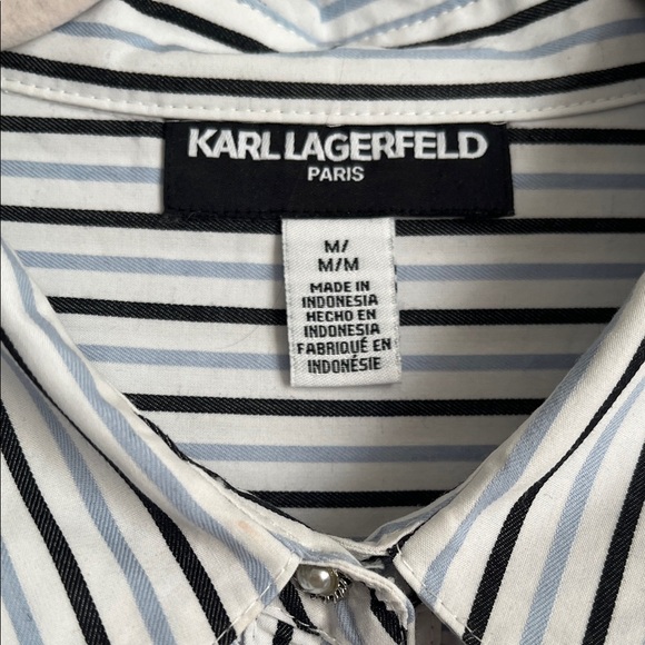 KARL LAGERFIELD Black and White Blue Striped Ruffle Button Down Shirt, Size M - Picture 5 of 10